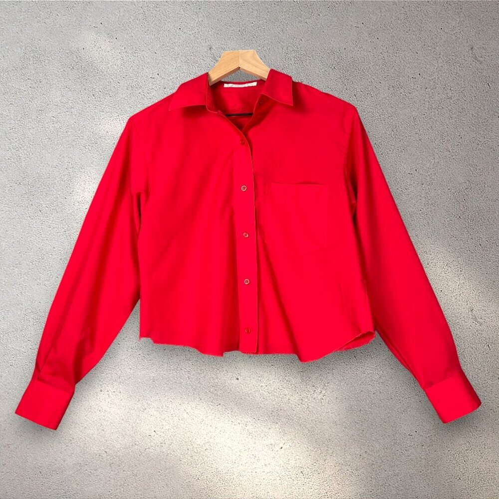 Foxcroft Cropped Button Up Shirt Women's 4 Red Raw Hem Party Academia Preppy - Picture 3 of 11